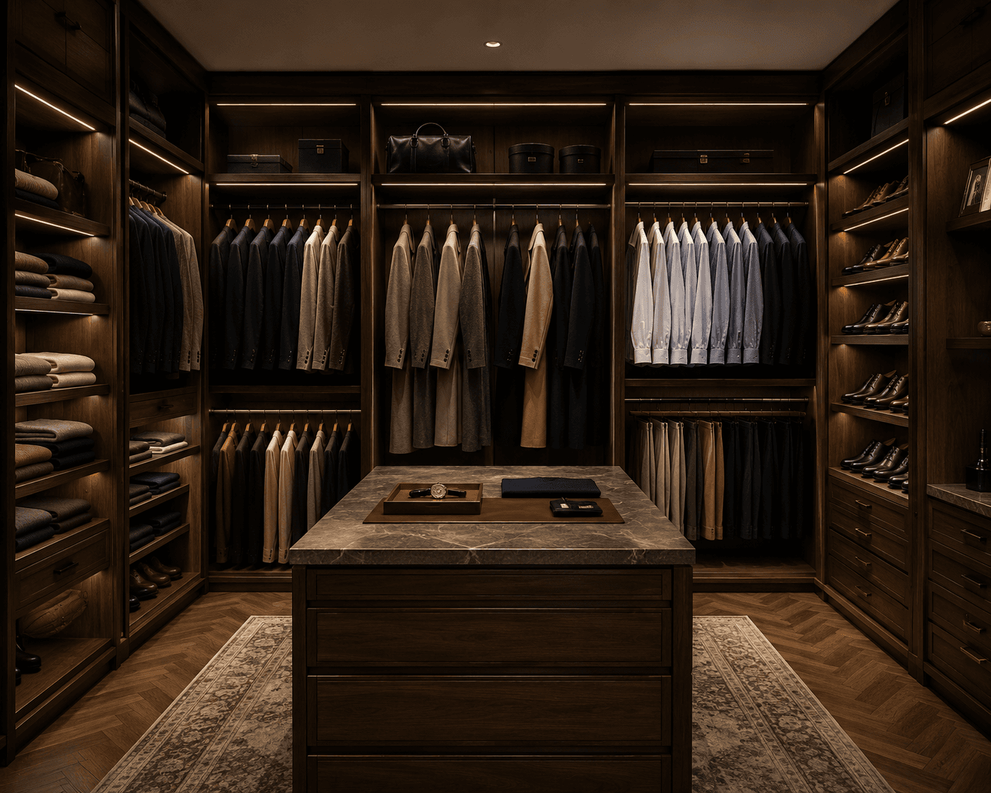 A wide, expansive photograph of a custom luxury men's walk-in closet featuring warm integrated strip lighting throughout rich dark walnut wood cabinetry. In the center sits a large marble-topped island dresser displaying leather valet trays, luxury watches, and small accessories. The surrounding built-in shelving and hanging racks display color-coordinated dress shirts, tailored suit jackets, long overcoats, folded knitwear, and polished leather dress shoes set above a herringbone parquet wooden floor and patterned area rug.