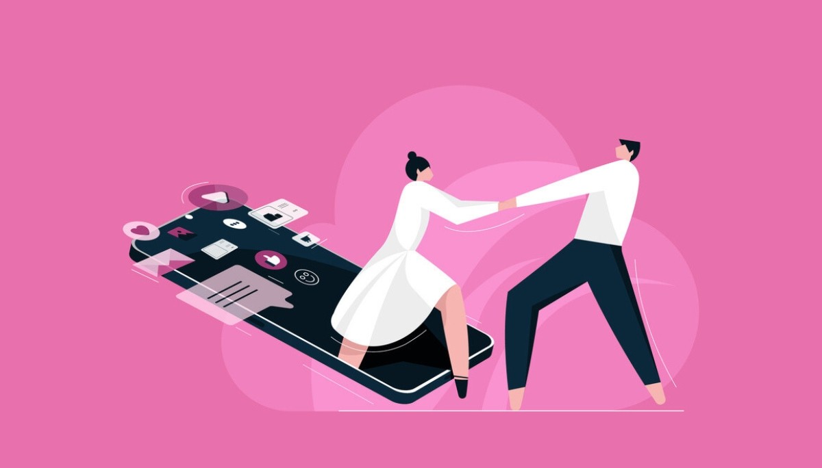 Illustration of a man and woman interacting with a large smartphone surrounded by digital icons.