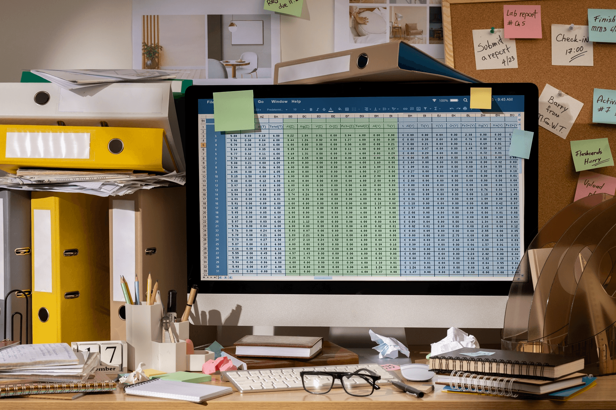 Computer screen displaying a large spreadsheet, surrounded by messy folders, papers, and sticky notes.