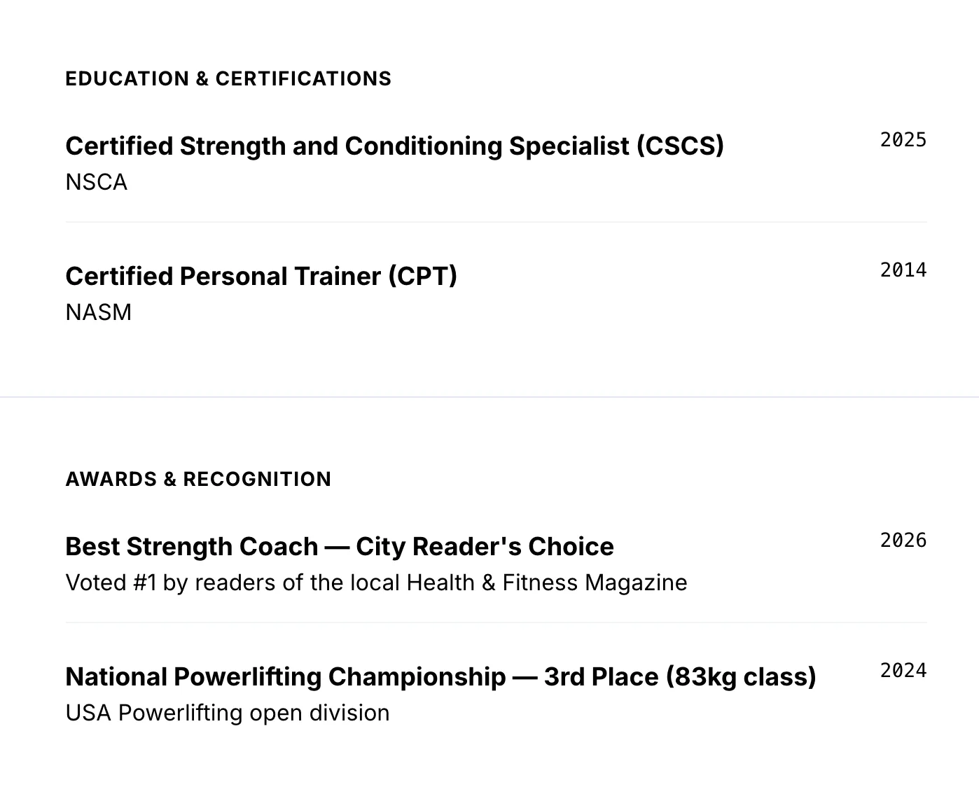 Personal trainer website showing certifications, awards, and professional credentials
