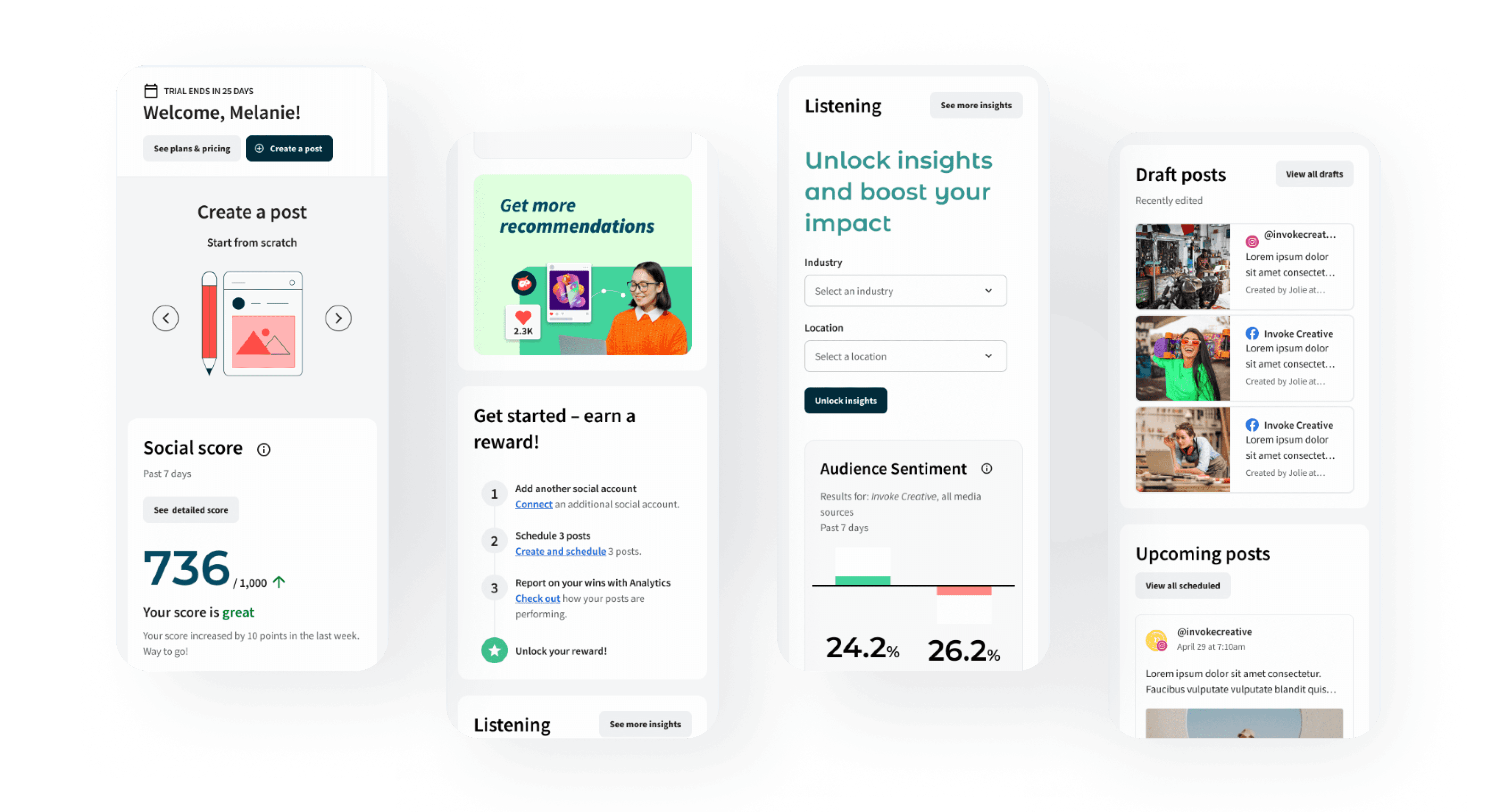 Hootsuite product dashboard pictured in mobile views