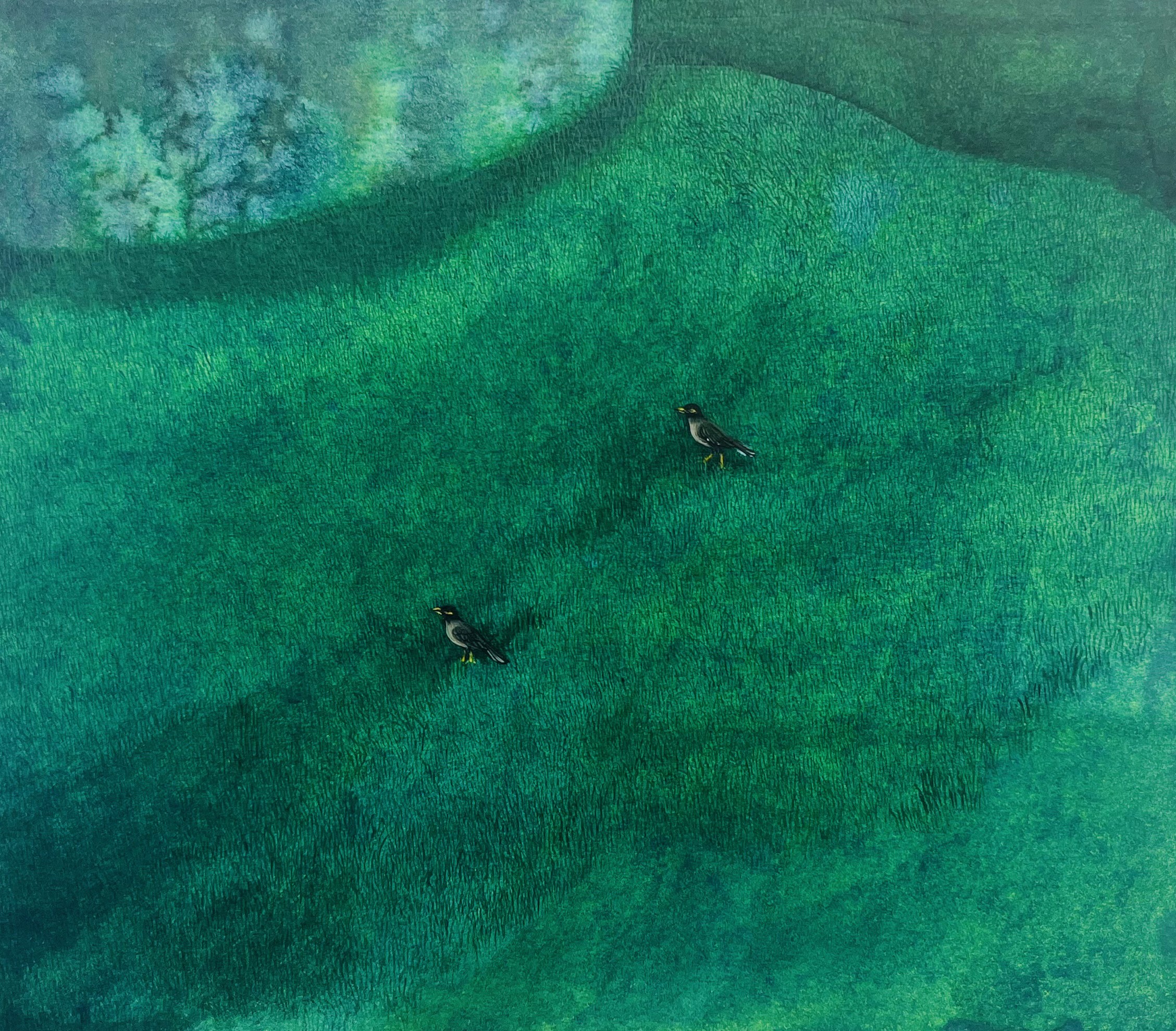 herd of sheep on road painting