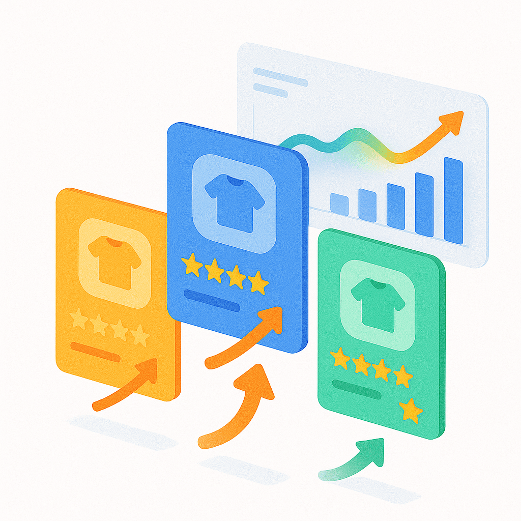 3D illustration showing orange, blue, and green product cards with star ratings and upward arrows, set in front of an analytics chart with rising sales data.