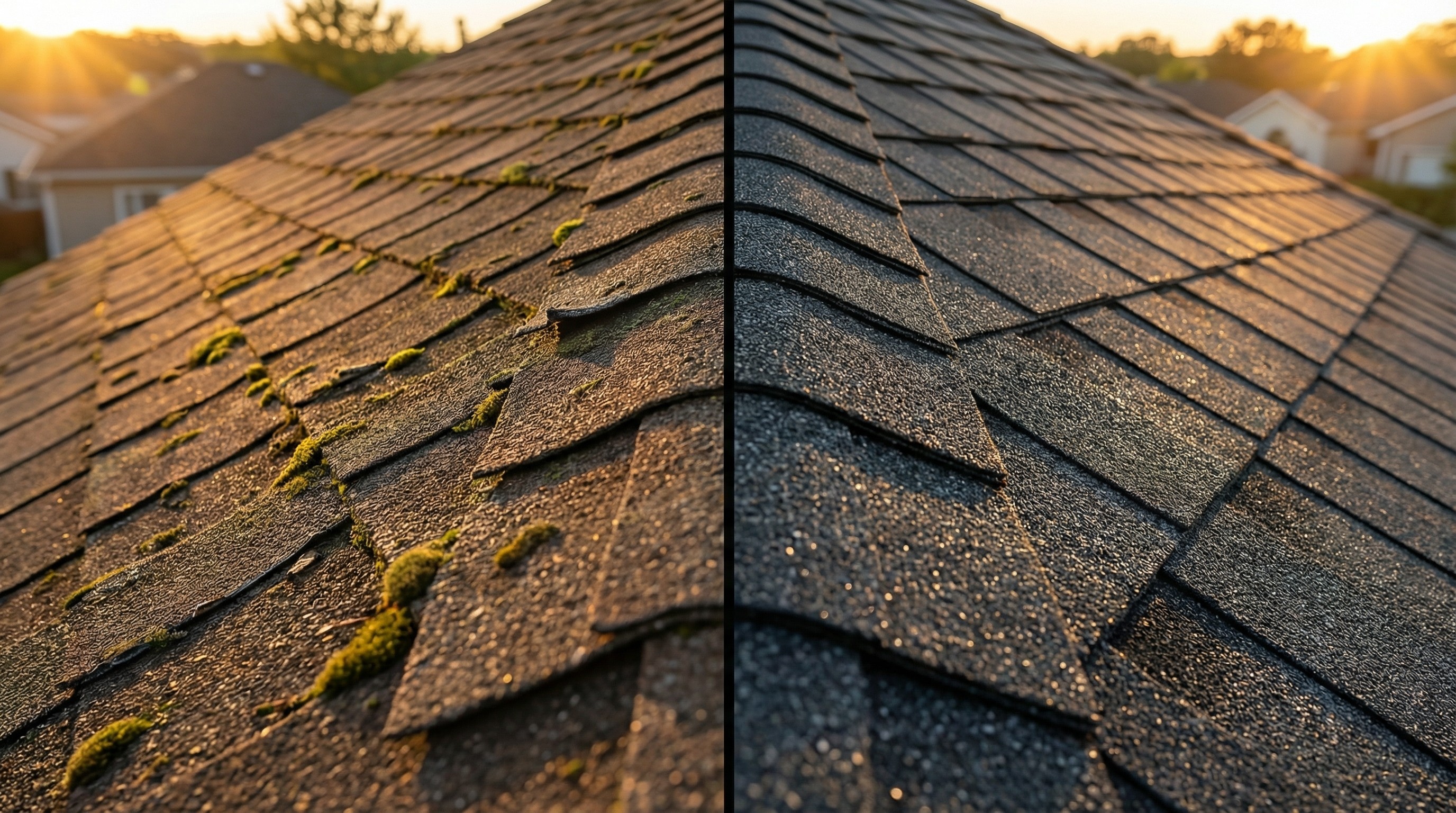 Comparison of a roof before and after cleaning, showing moss removal. Roof repair and maintenance.