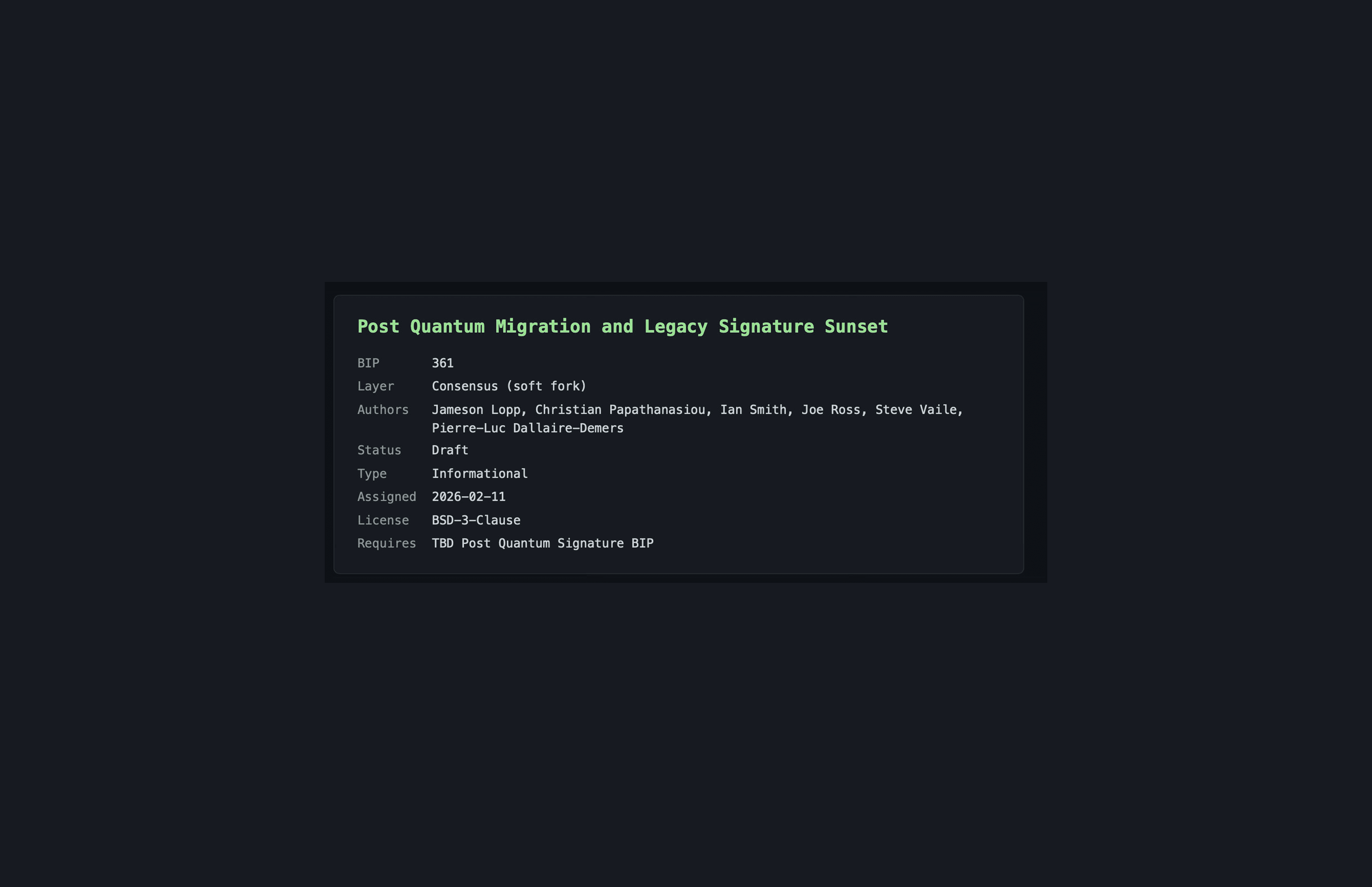 BIP361 - Post Quantum Migration and Legacy Signature Sunset