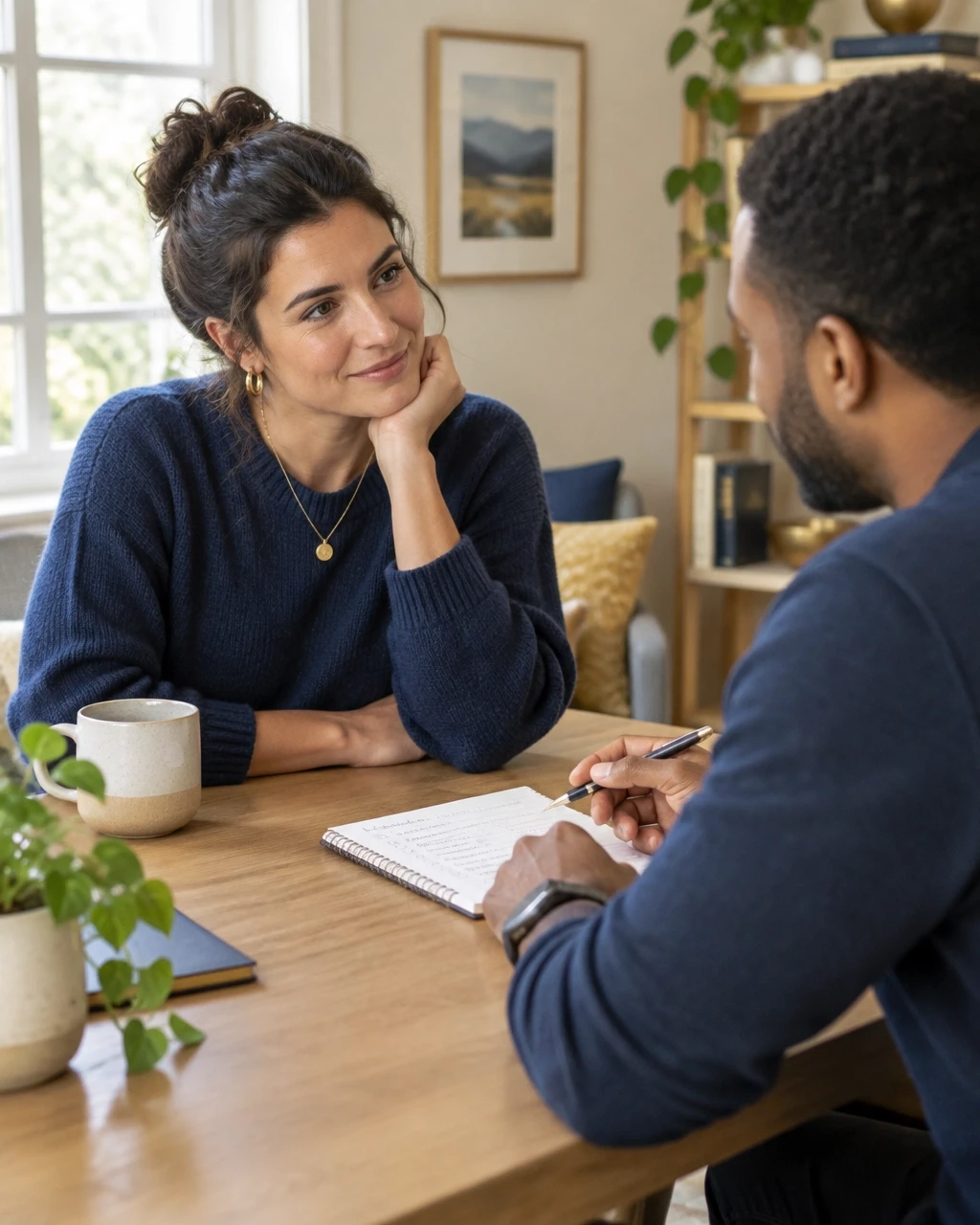 Two people reviewing a simple plan in a supportive coaching conversation