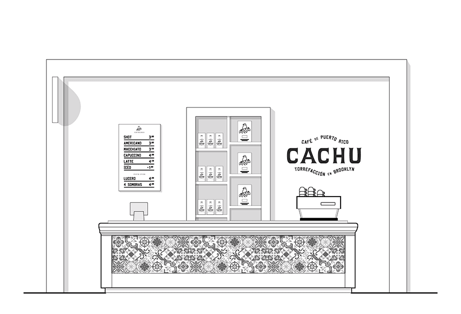 A black and white line drawing depicts the interior of a Cachu Torrefacion in Brooklyn. The reception desk features a patterned tile top and a cash register on the left. A sign listing menu items hangs on the wall behind the desk. A logo for "CACHU" is displayed prominently above the counter.