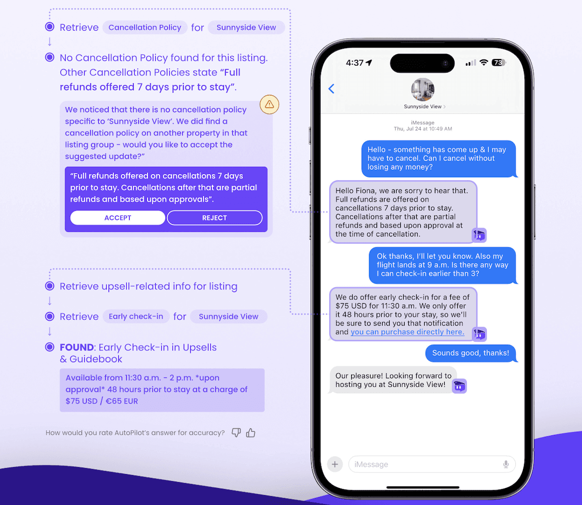 Pasos de razonamiento de la IA junto a un chat de teléfono en el que un huésped pide cancelar y recibe la política y una oferta de check-in anticipado