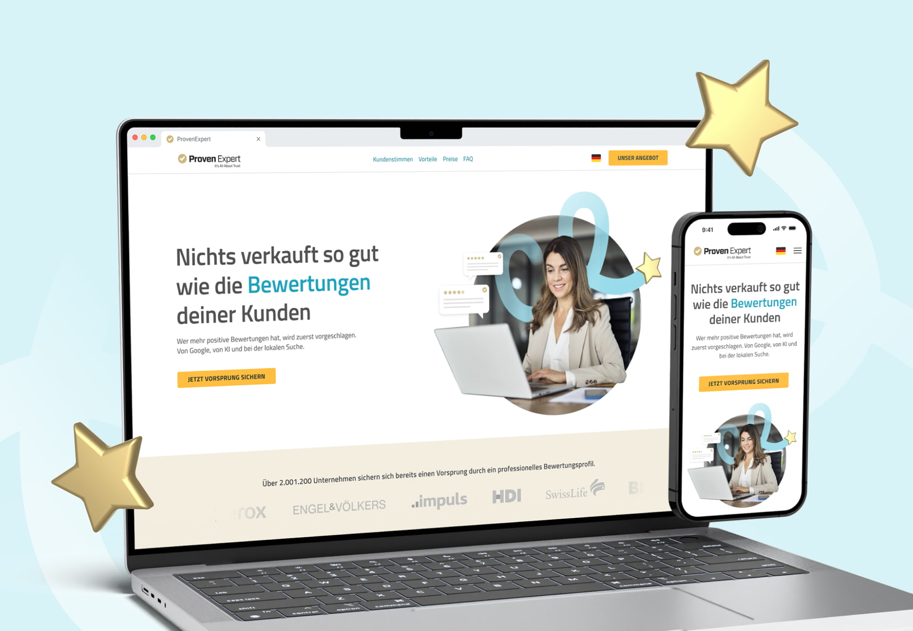Responsive desktop and mobile UI mockups of the Direct Acquisition landing page hero section, accented by decorative golden stars.