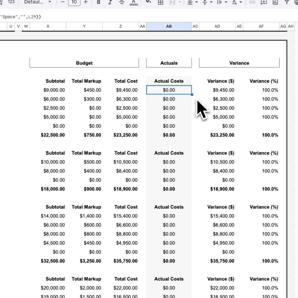 Google Sheets construction job costing expense log – track date, division, vendor/payee, cost, and notes with dropdowns for General Conditions and Superintendent