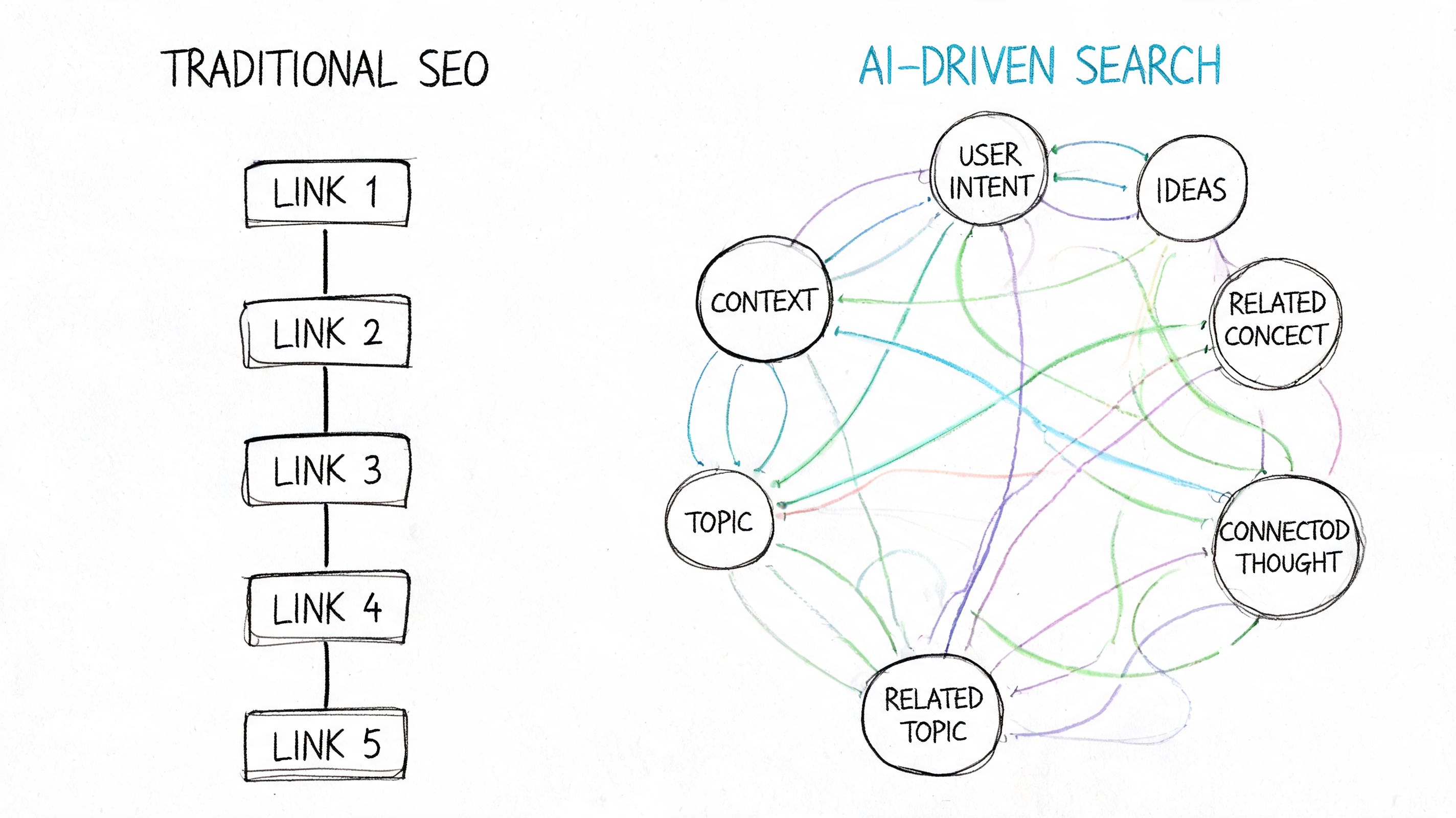 A diagram comparing linear traditional SEO link building versus the interconnected, complex nature of AI-driven search.