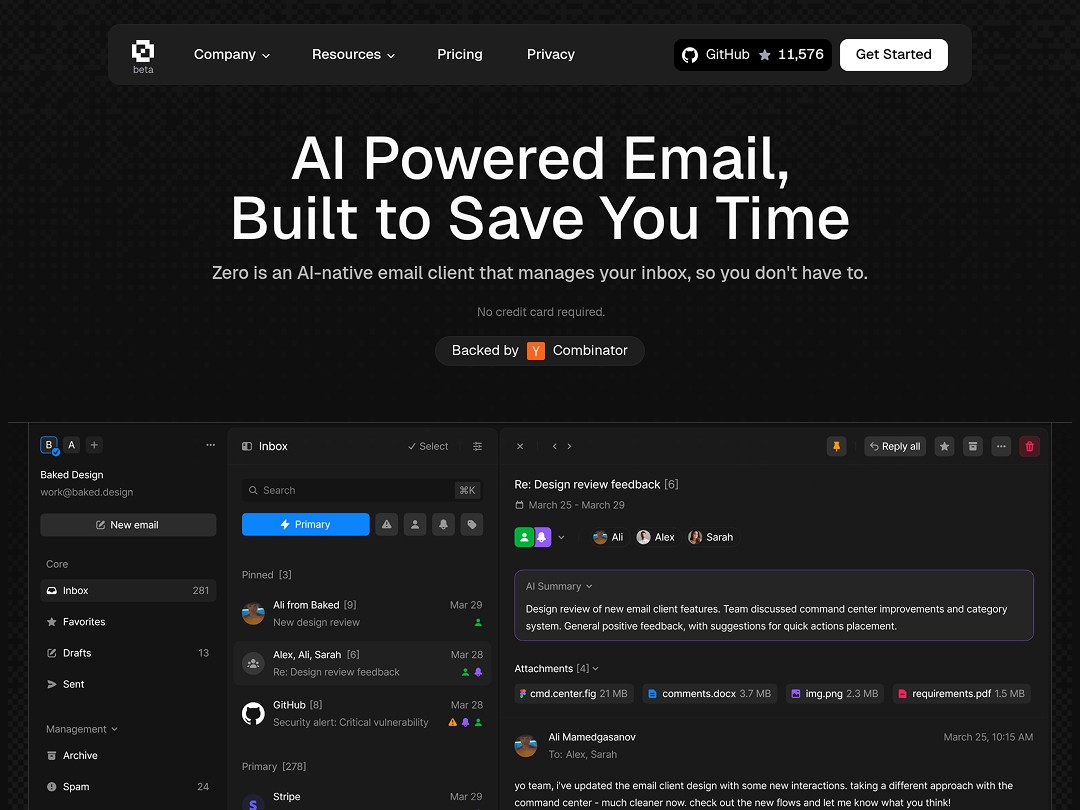 Zero AI-powered email client interface showing dark-themed inbox with pinned messages, AI summary, and design review feedback thread