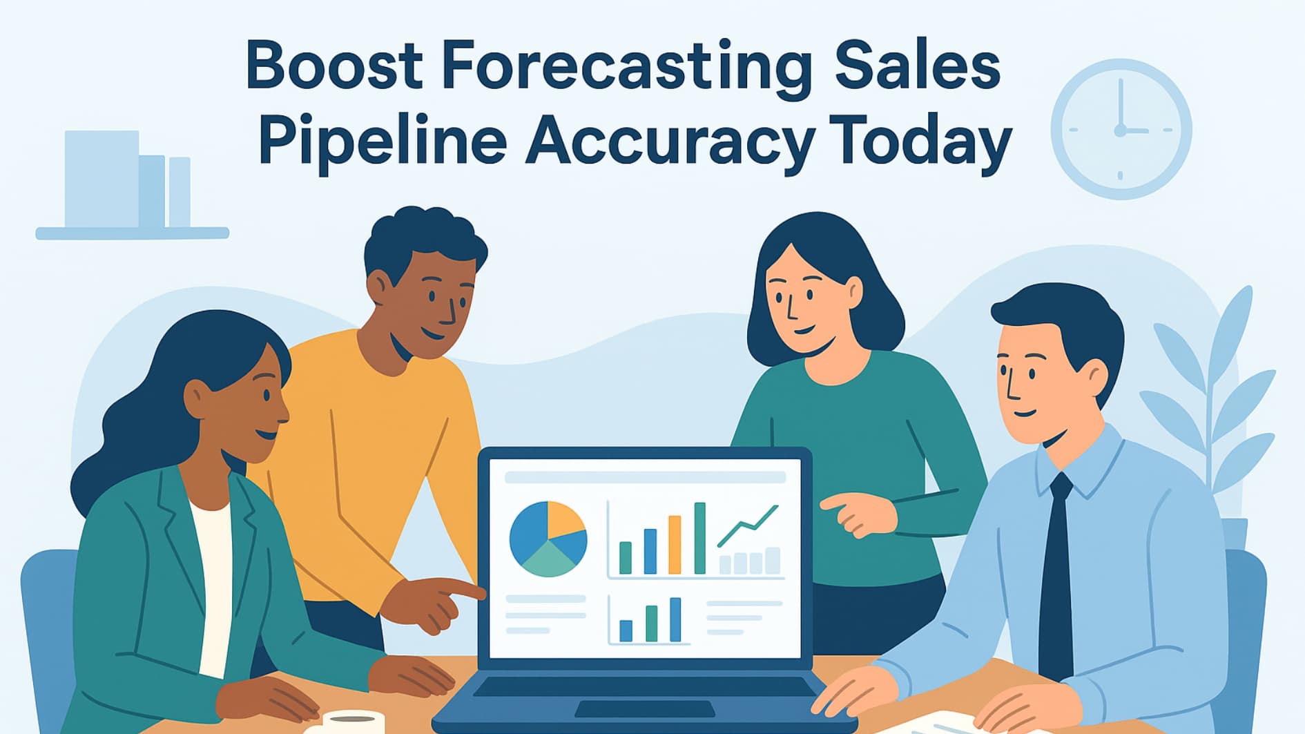 Team analyzing sales charts to improve forecasting sales pipeline accuracy in modern office.