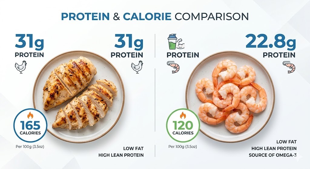 An infographic comparing the protein and calorie content of grilled chicken breast and cooked shrimp, based on a 100g (3.5oz) serving.  The left side features a plate of sliced grilled chicken breast with the following stats:  31g Protein  165 Calories  Labeled as "Low Fat" and "High Lean Protein."  The right side features a plate of cooked shrimp with the following stats:  22.8g Protein  120 Calories  Labeled as "Low Fat," "High Lean Protein," and a "Source of Omega-3."
