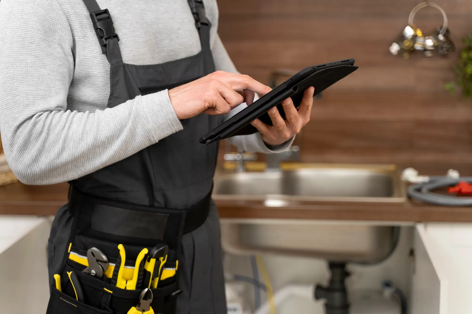 Pipewise plumber reviewing a job on a tablet