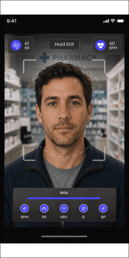 Vitals AI Scan interface of a man in a pharmacy