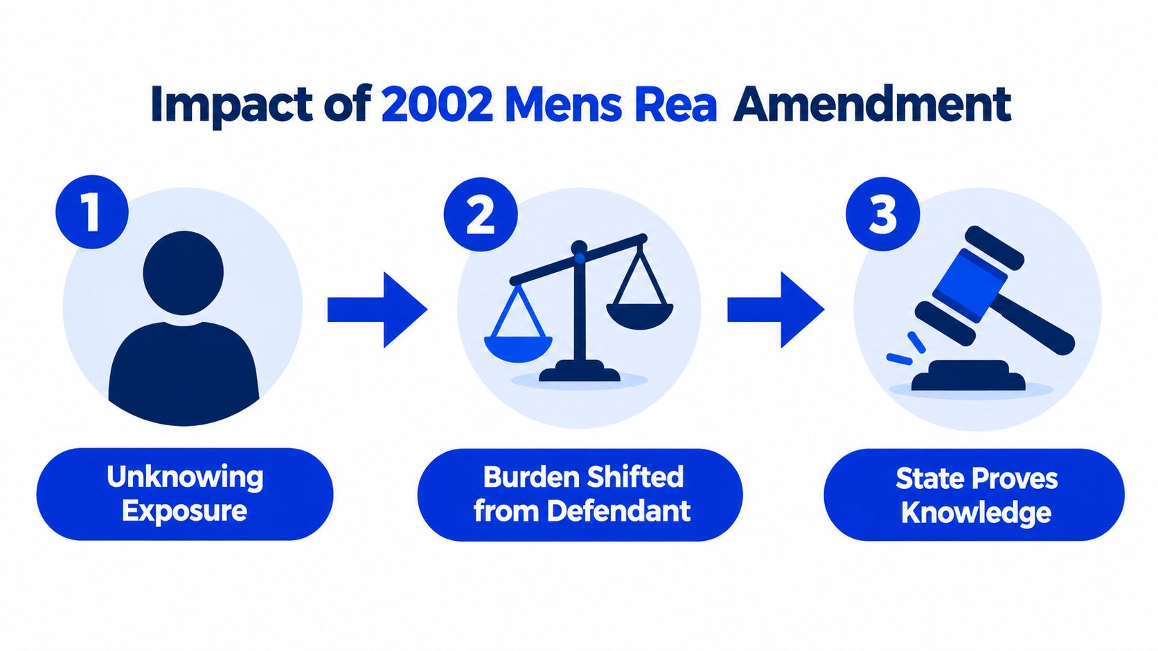 A diagram illustrating the three steps of the 2002 Mens Rea amendment regarding burden of proof.