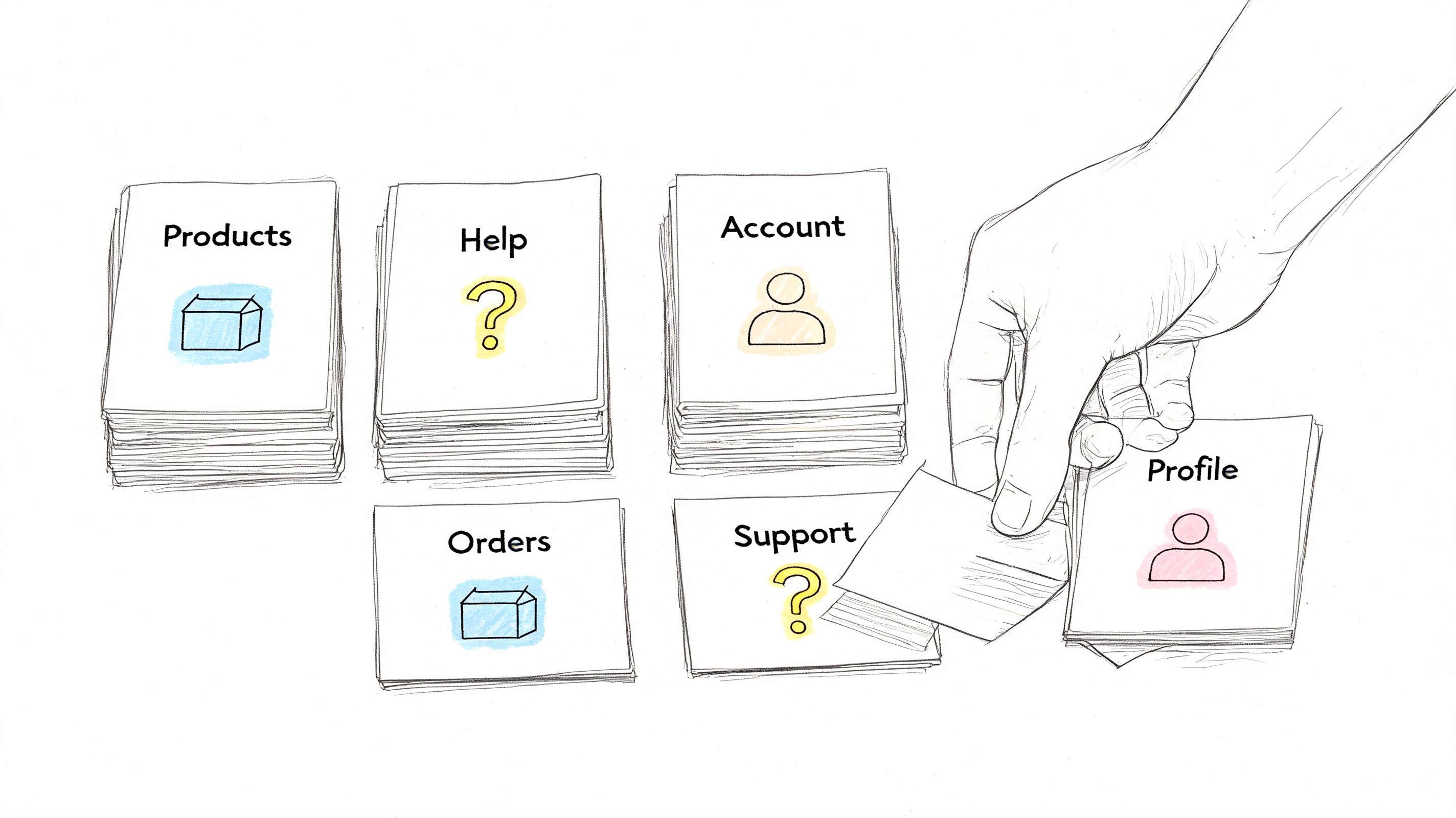 A hand sorting cards into stacks for a card sorting usability study with category labels visible.