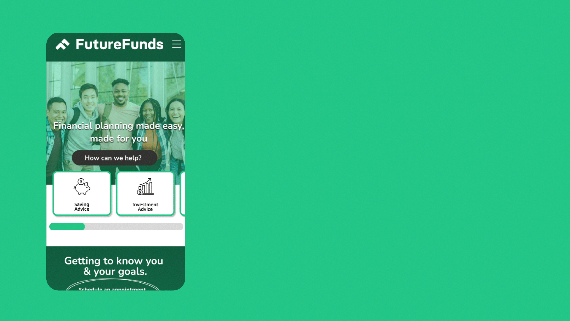 Future funds mobile mockup gif featuring home page, appointment scheduler, and financial calculator