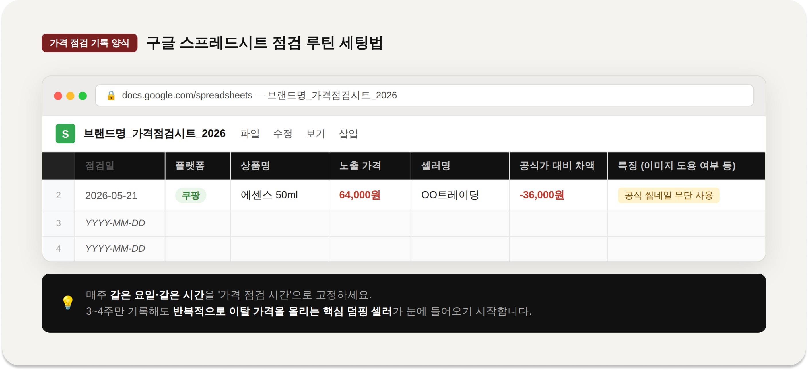 수기 가격 점검용 구글 스프레드시트 양식 / Google Sheets template for price monitoring routine
