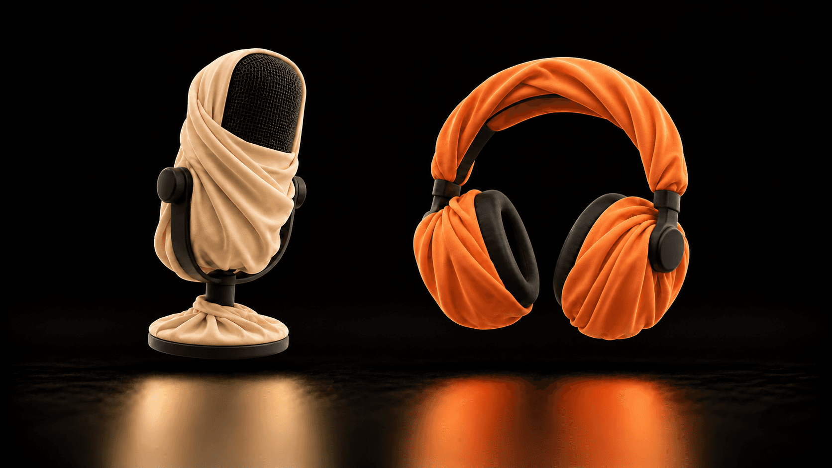 A separate cloth microphone and pair of headphones represent audio input and playback.