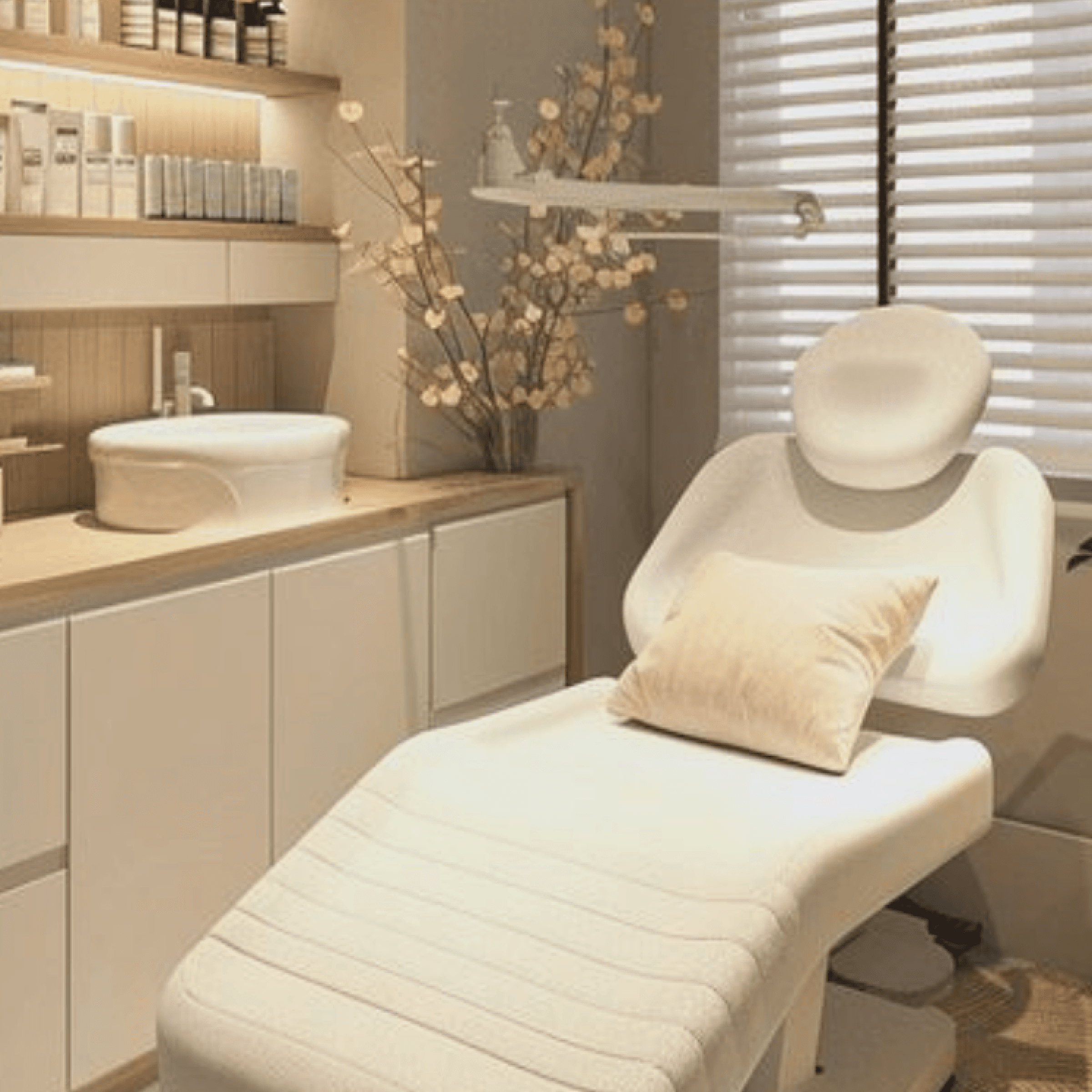 Modern aesthetic clinic treatment room with white adjustable chair.