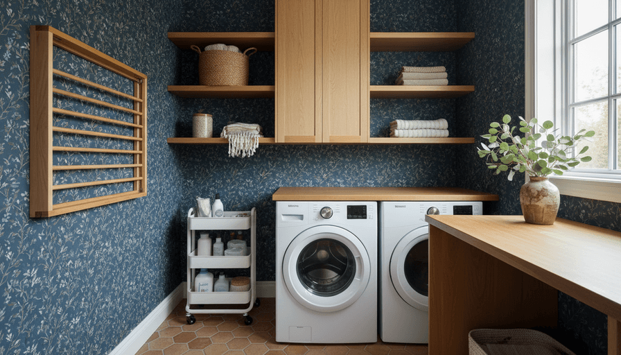  Modern laundry room with blue floral wallpaper, wooden shelves, front-loading washer and dryer, rolling storage cart, and natural light from a large window.