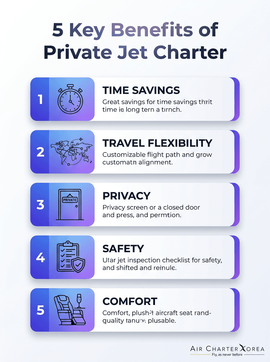 인포그래픽: 프라이빗 제트 전세기 서비스의 5대 핵심 혜택 (속도, 유연성, 프라이버시, 안전, 효율성)