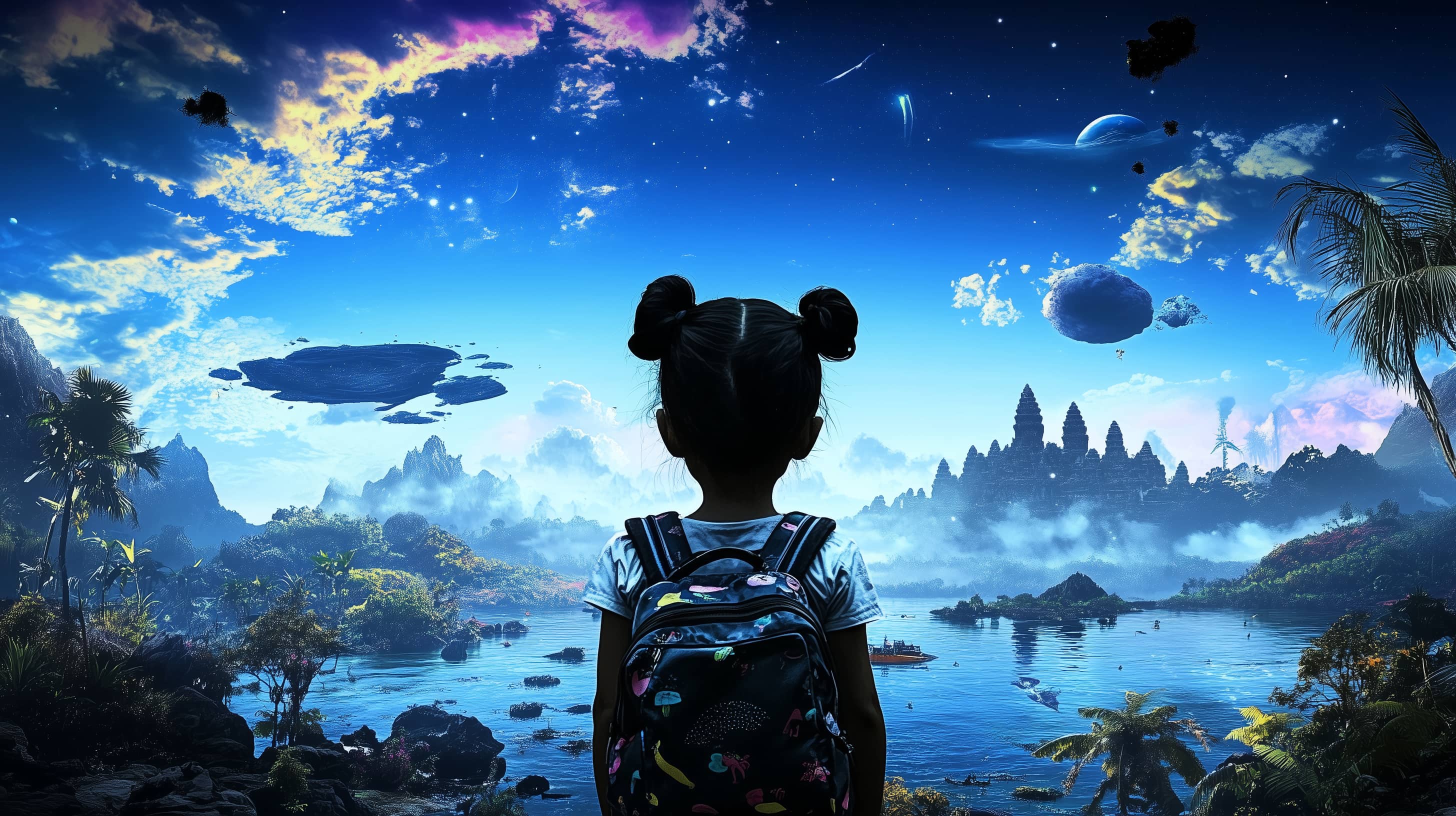 a picture of a girl in a fantasy world - everything is blue and looks epic