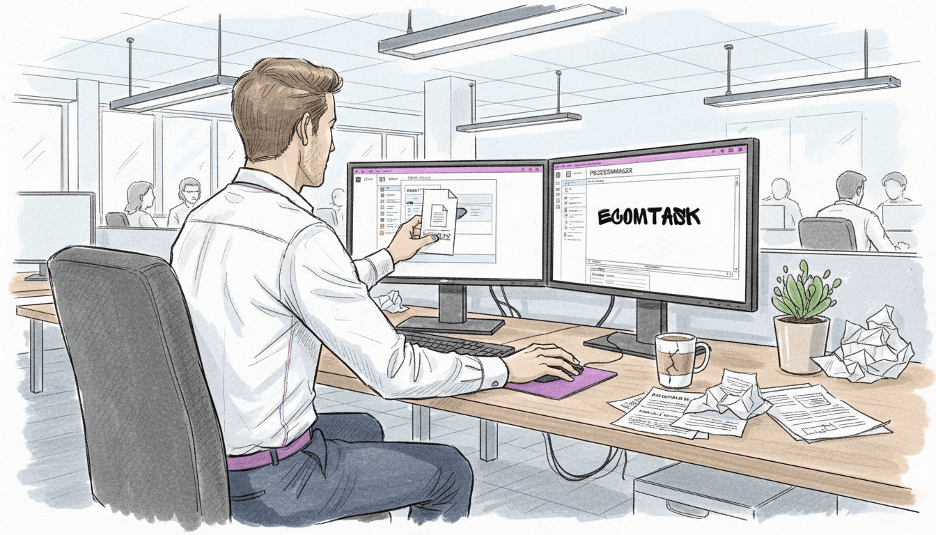 Ein Mitarbeiter arbeitet an zwei Bildschirmen und nutzt diese für automatisierte, sich wiederholende Aufgaben.