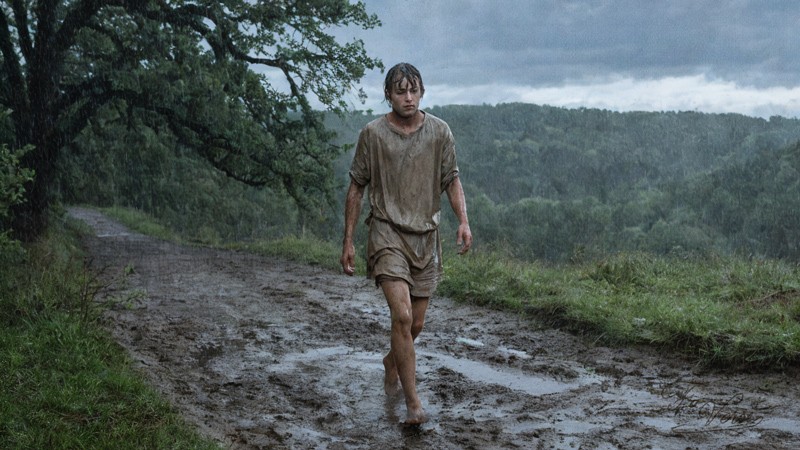 Sacred artwork by Faith and Verse. © Faith and Verse, 2025. All rights reserved. Duke Václav walks barefoot along a muddy rural path in the rain. He wears a simple earth-toned tunic, his feet and lower garments splattered with mud. Storm clouds gather over forested hills in the background. An old oak tree stands beside the path. The scene emphasizes humble devotion and physical discomfort willingly accepted.