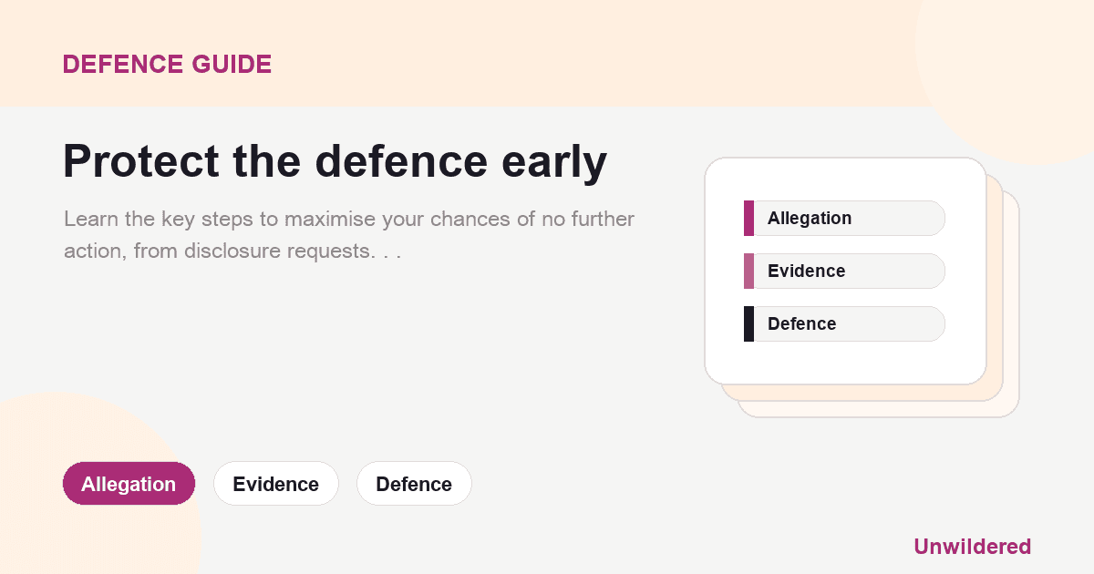 Explainer card for Pre-Charge Strategy: No Further Action Guide: Allegation, Evidence, Defence.