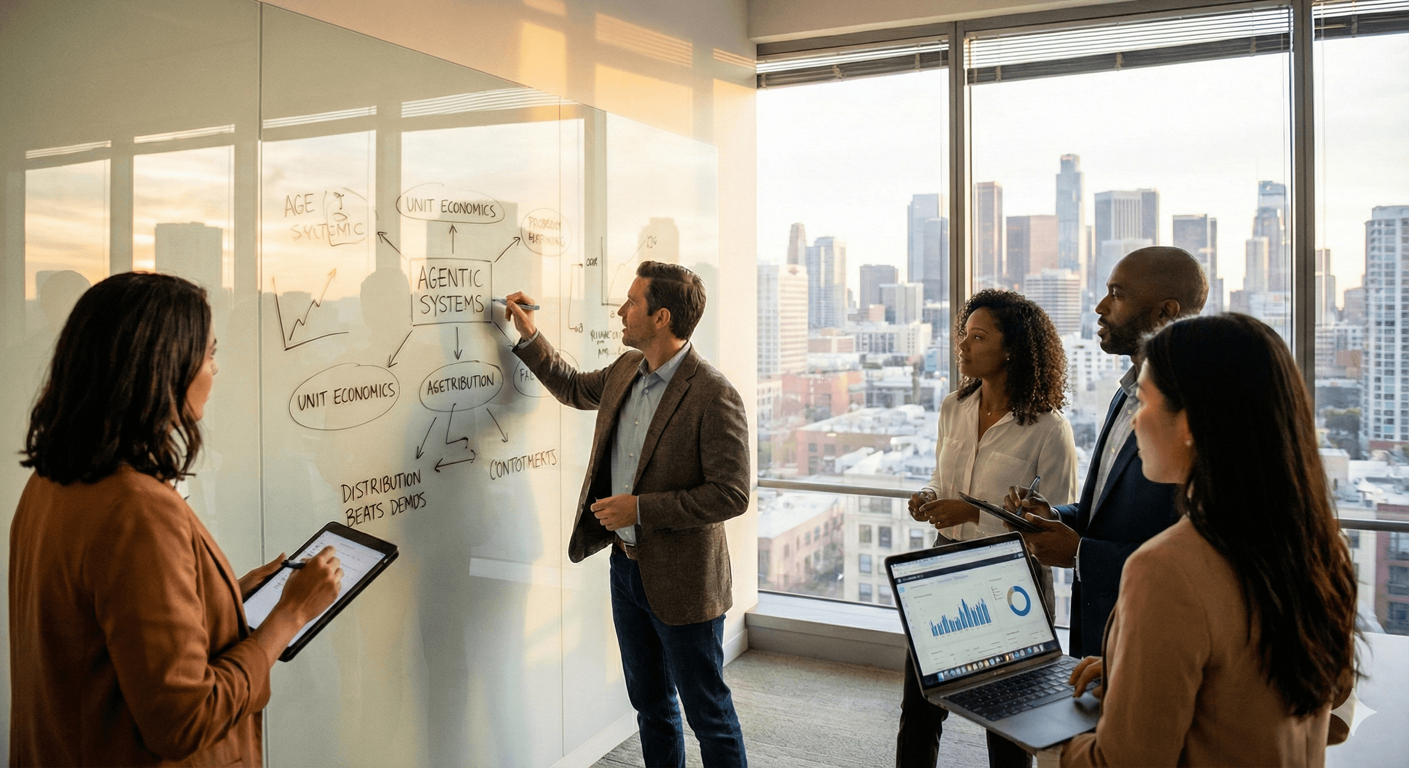 A group of professionals collaborates in a modern office with floor-to-ceiling windows overlooking a city skyline, featuring diagrams drawn on a whiteboard and individuals engaged with laptops and notebooks, highlighting a dynamic work environment focused on innovation and strategy.