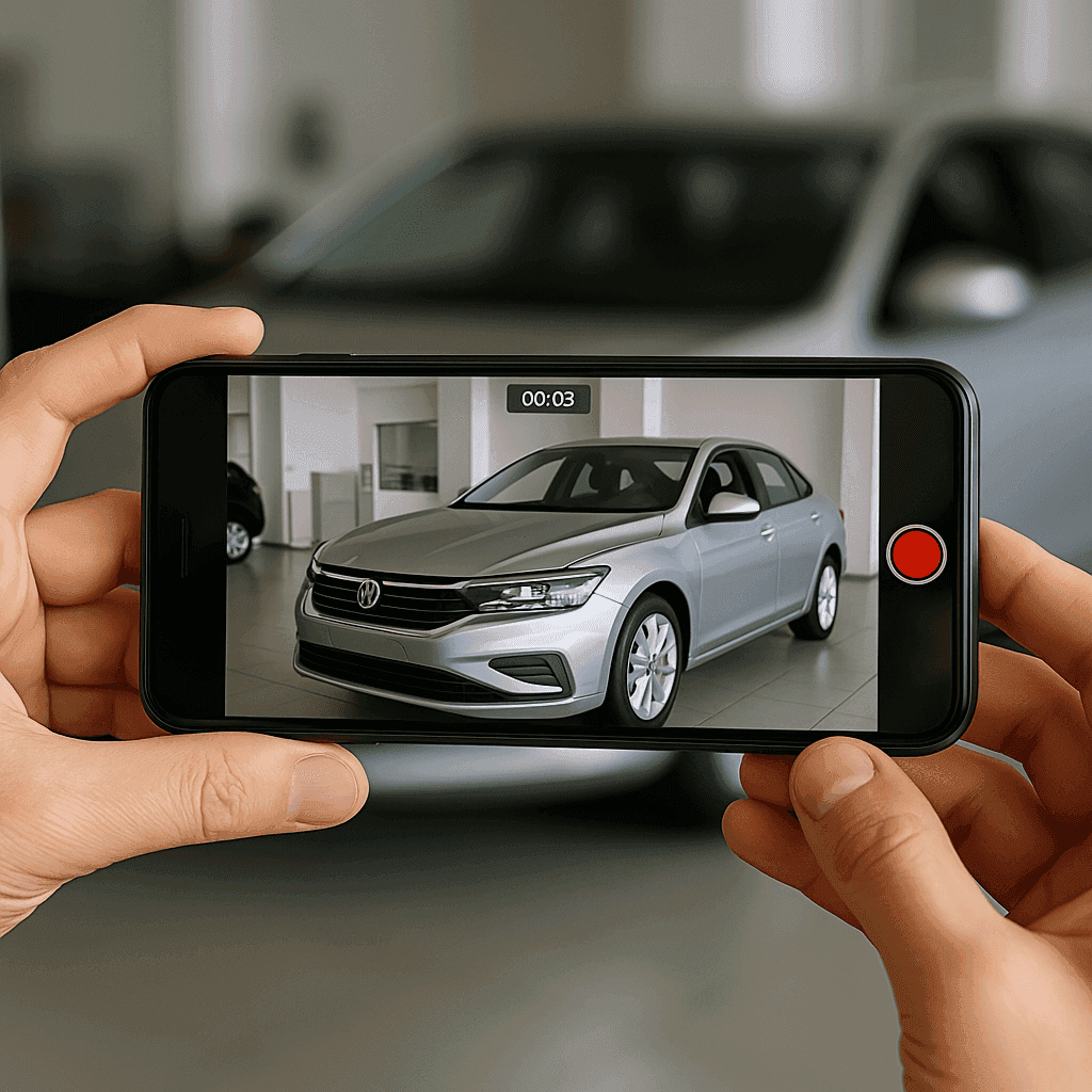 Person filming a silver car with a phone