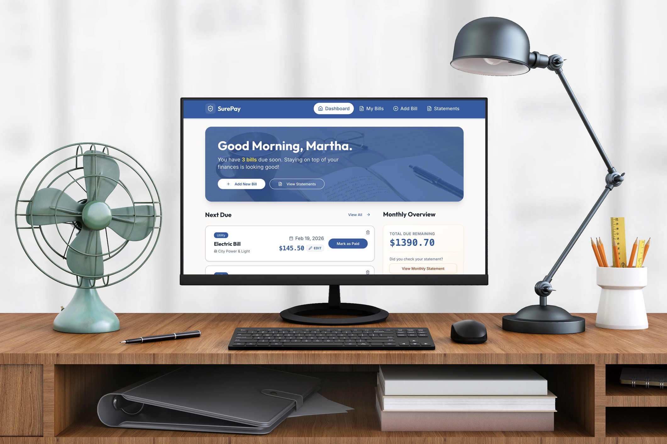 Surepay on a desktop computer on a wood desk and a white background.