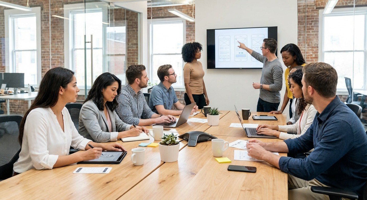 OneSpring team members working on laptops and desktops in a large, modern office. 