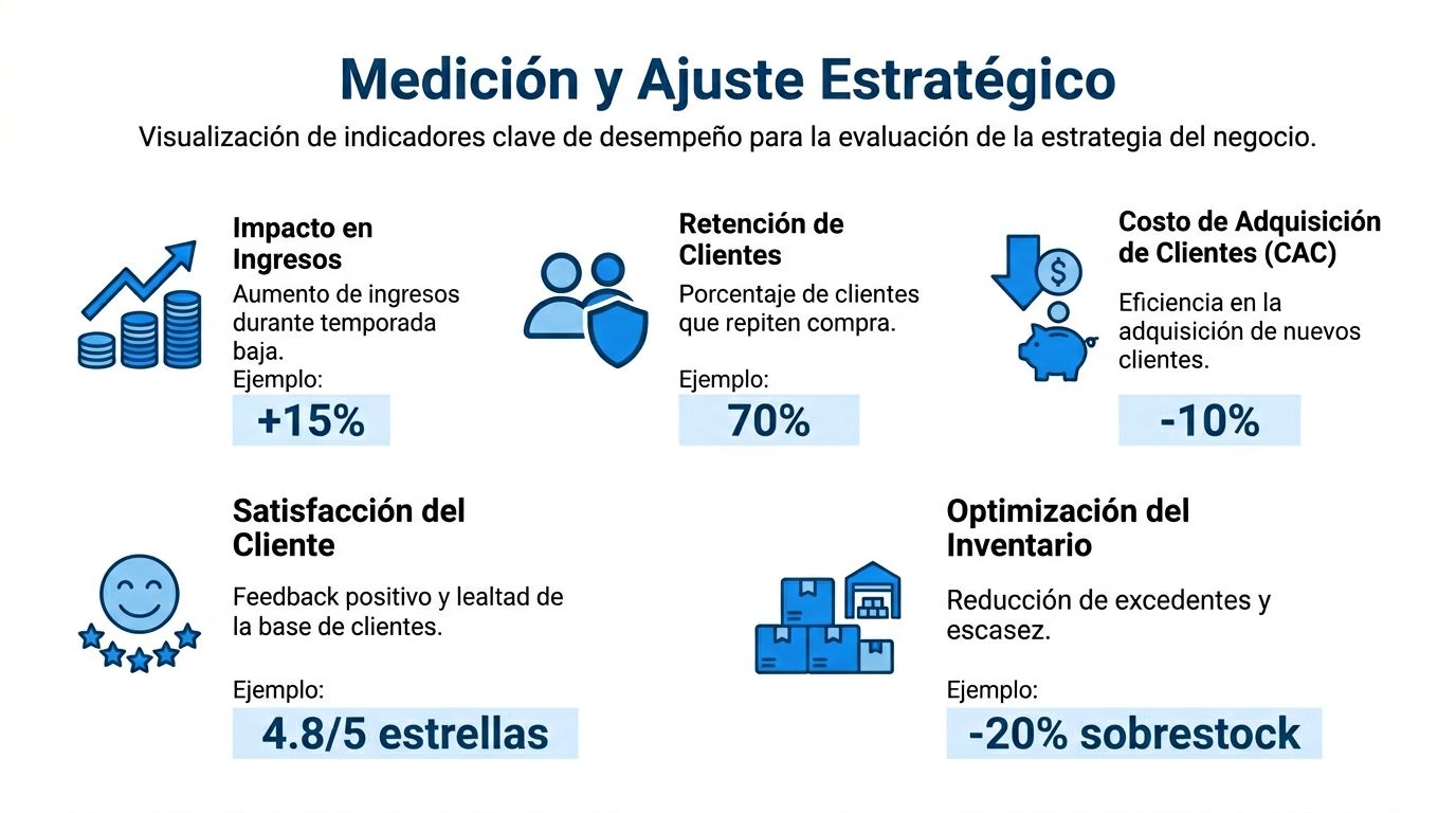 Gráfico que muestra indicadores clave de rendimiento empresarial, incluyendo ingresos, retención de clientes y optimización de inventario.