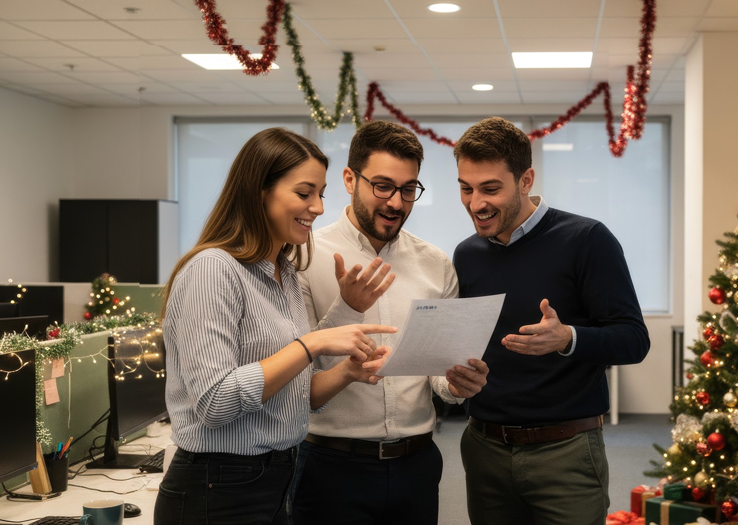 Lavoratori contenti con in mano la busta paga e sullo sfondo l’ufficio con addobbi natalizi e un albero di Natale con regali intorno