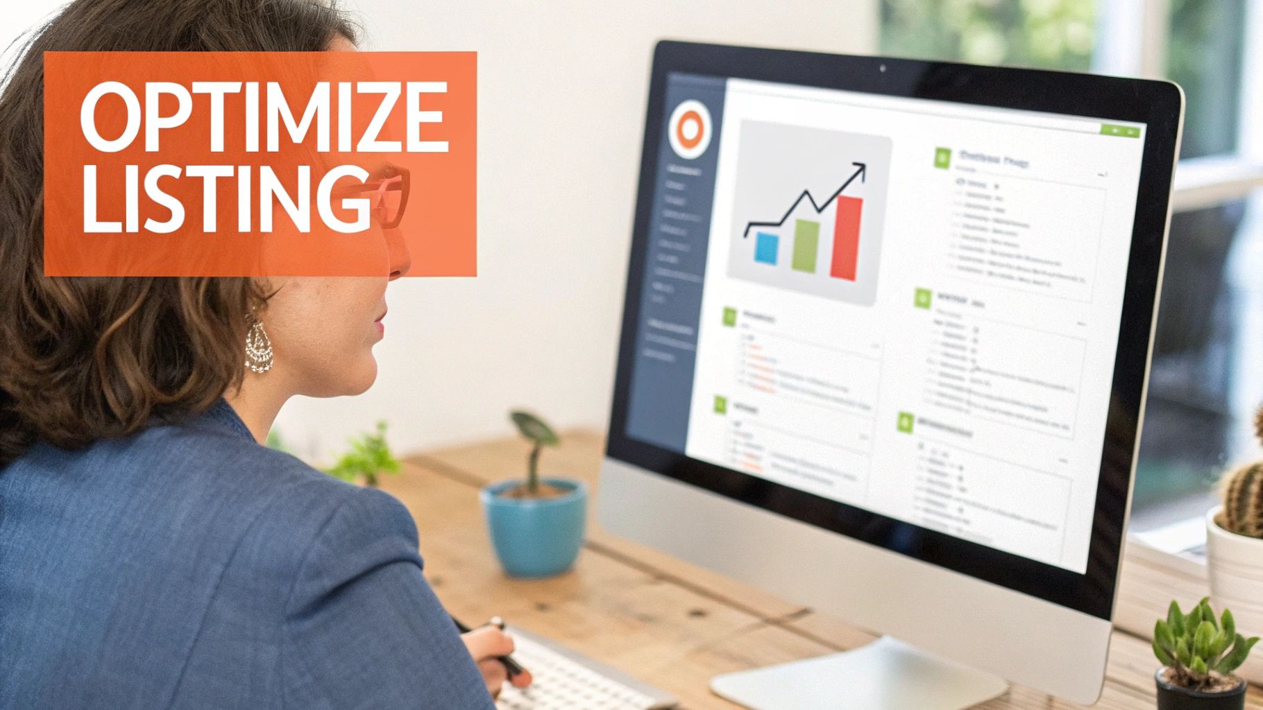 Woman looking at a computer screen with 'OPTIMIZE LISTING' overlay, analyzing growth charts.