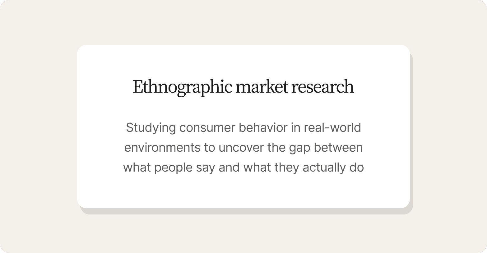 White card on a cream background with the heading "Ethnographic market research" and description text explaining it as studying consumer behavior in real-world environments to uncover the gap between what people say and what they actually do.