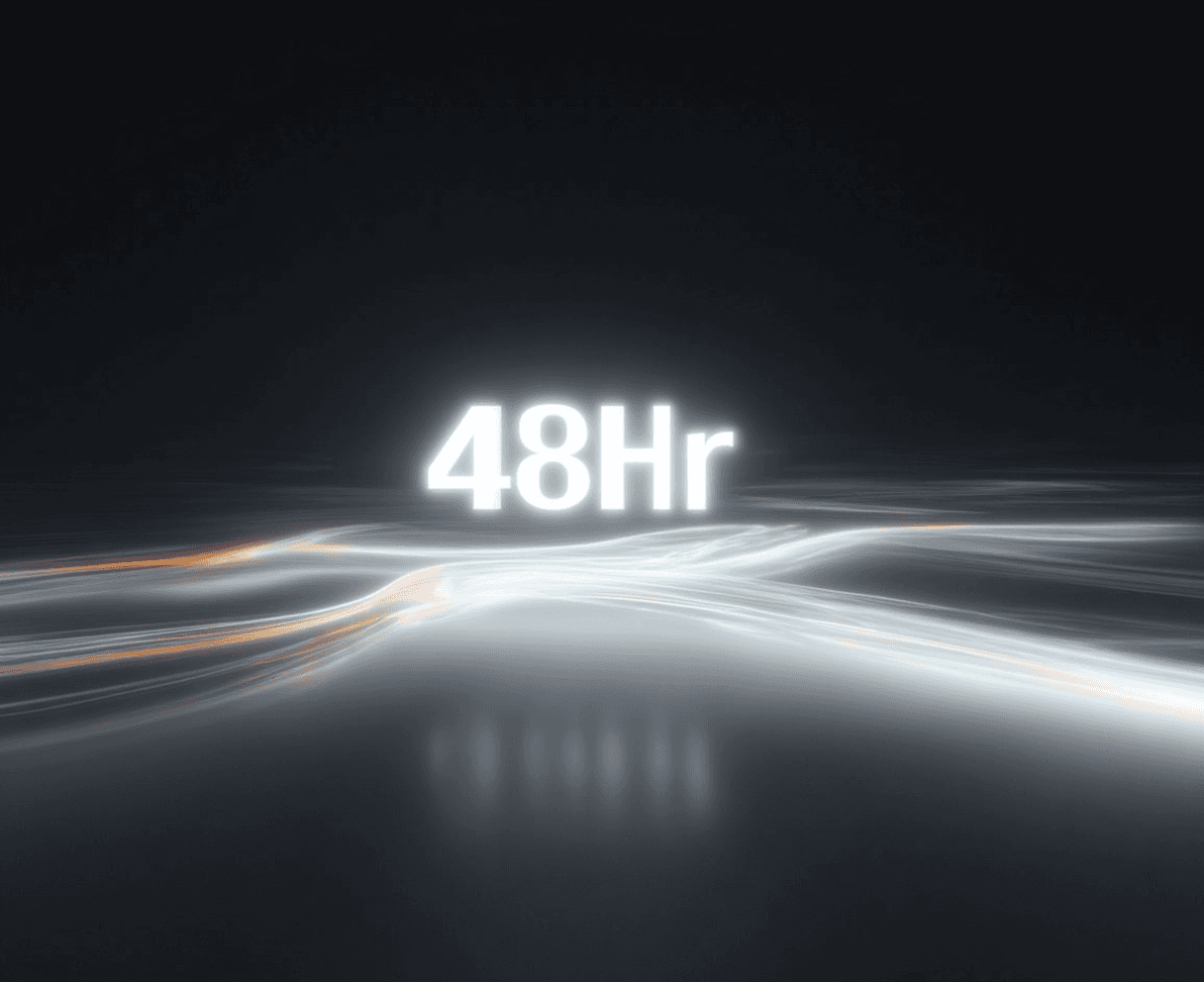 Glowing white 48Hr text above flowing light trails on a dark, reflective surface.