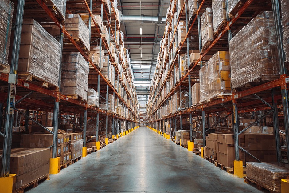 Operational warehouse with boxes stacked
