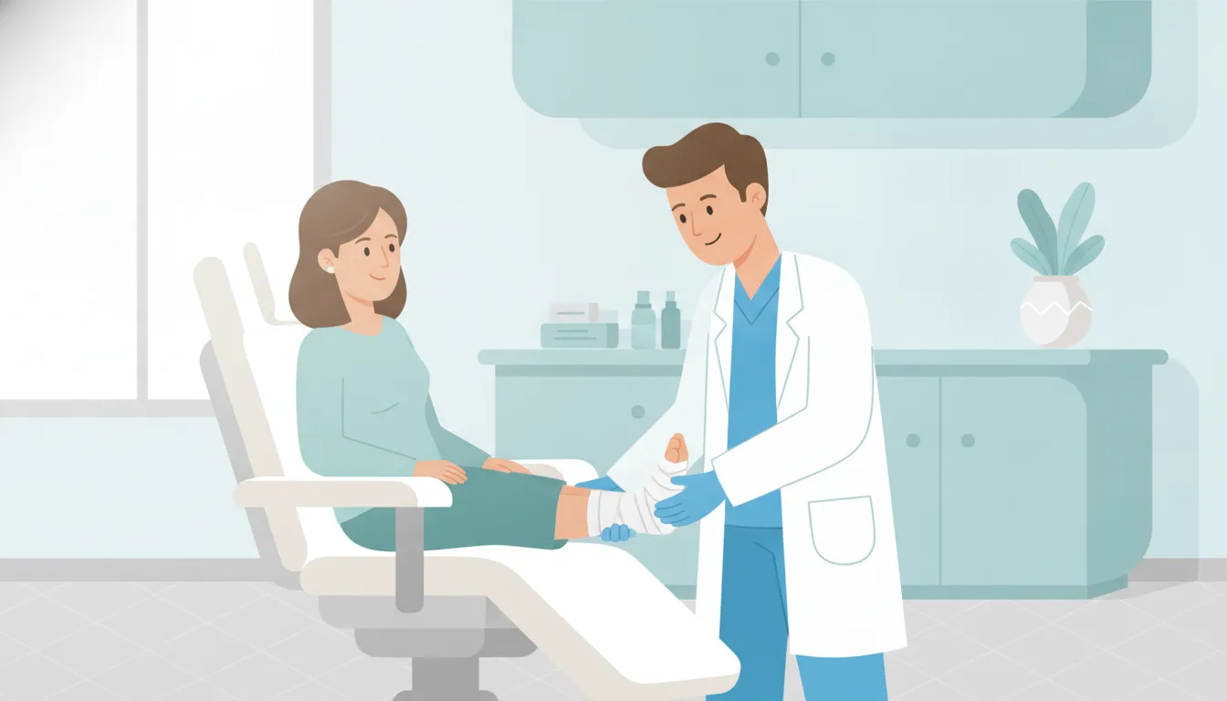 Foot and ankle surgeon examining a patient's bandaged foot in a bright clinic