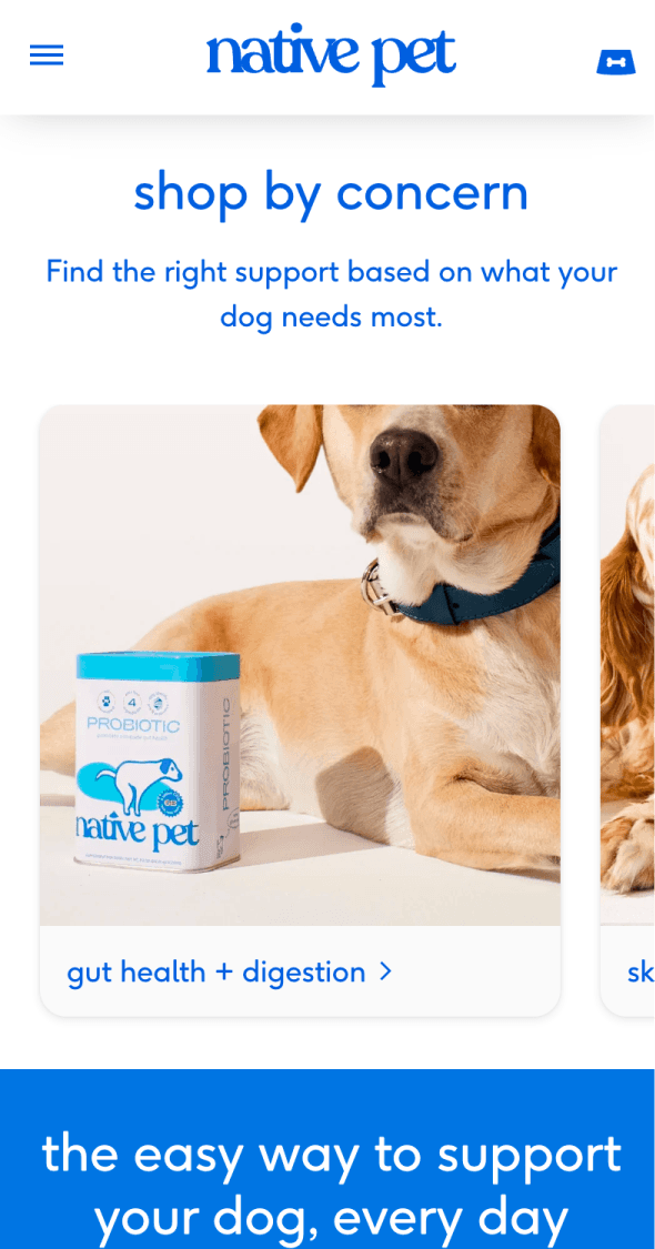 Mobile product education page for Native Pet dog supplement benefits