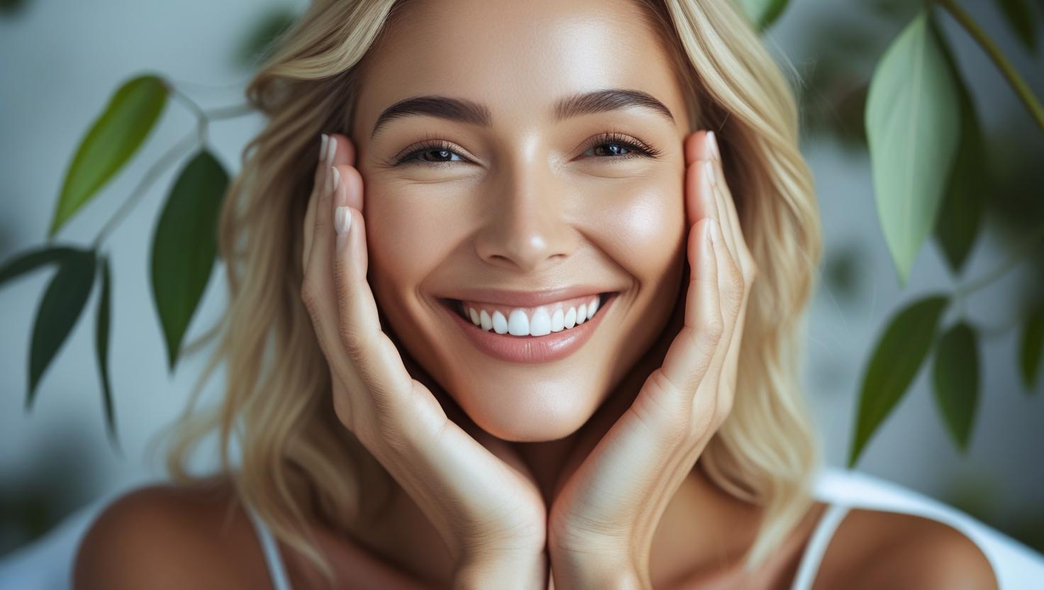 Happy woman with hands on her face