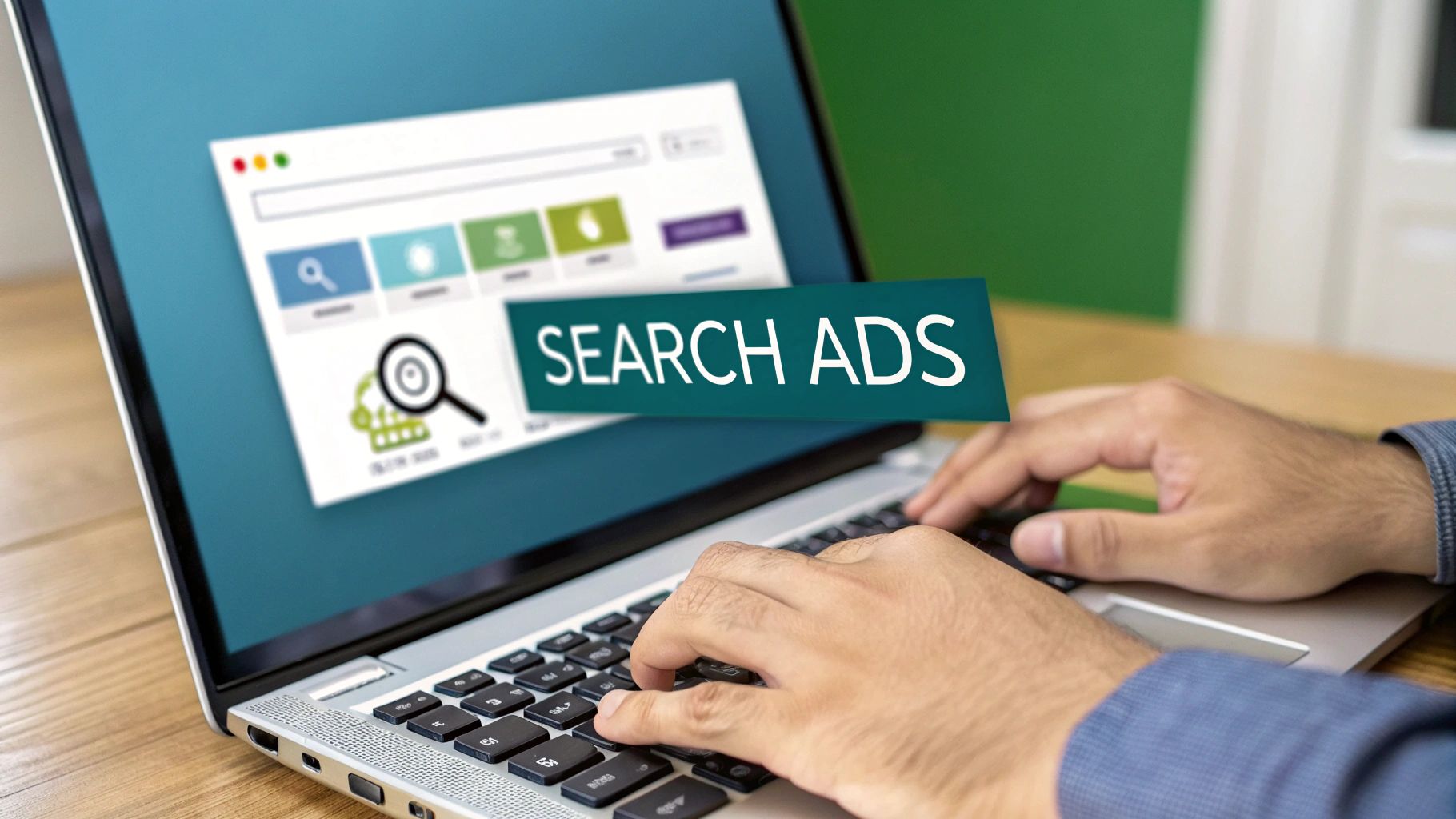 Close-up of hands typing on a laptop showing 'SEARCH ADS' on the screen, related to online advertising.