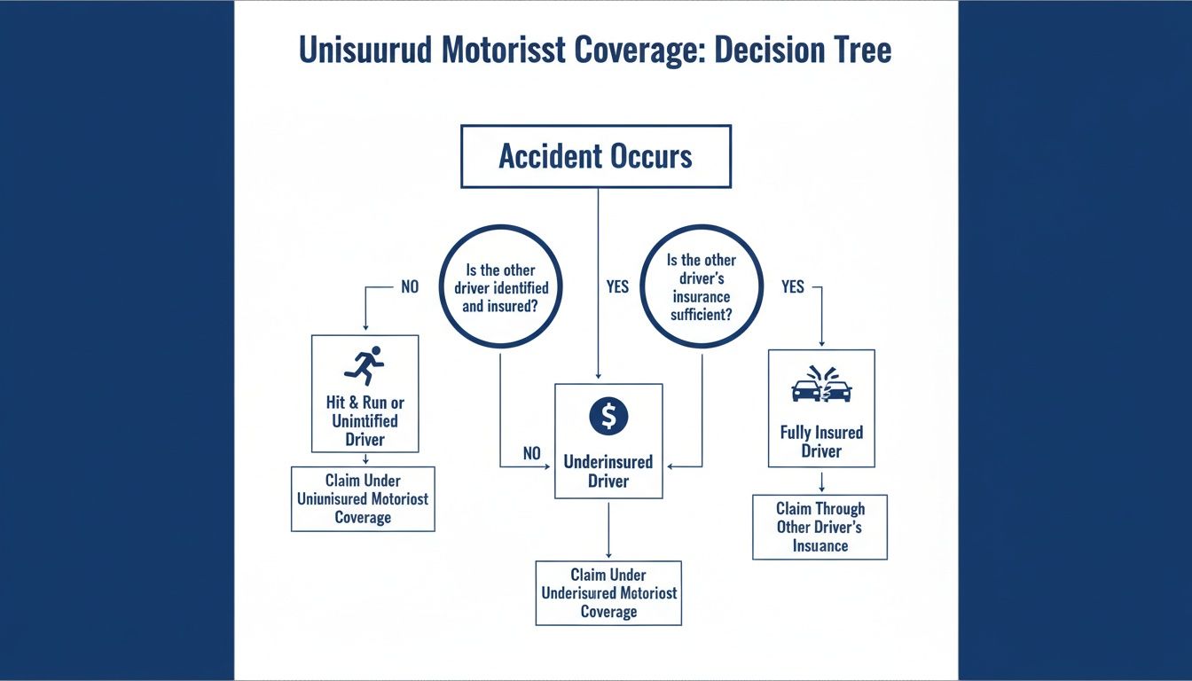 A decision tree flowchart illustrating scenarios and coverage options for uninsured and underinsured motorist claims.