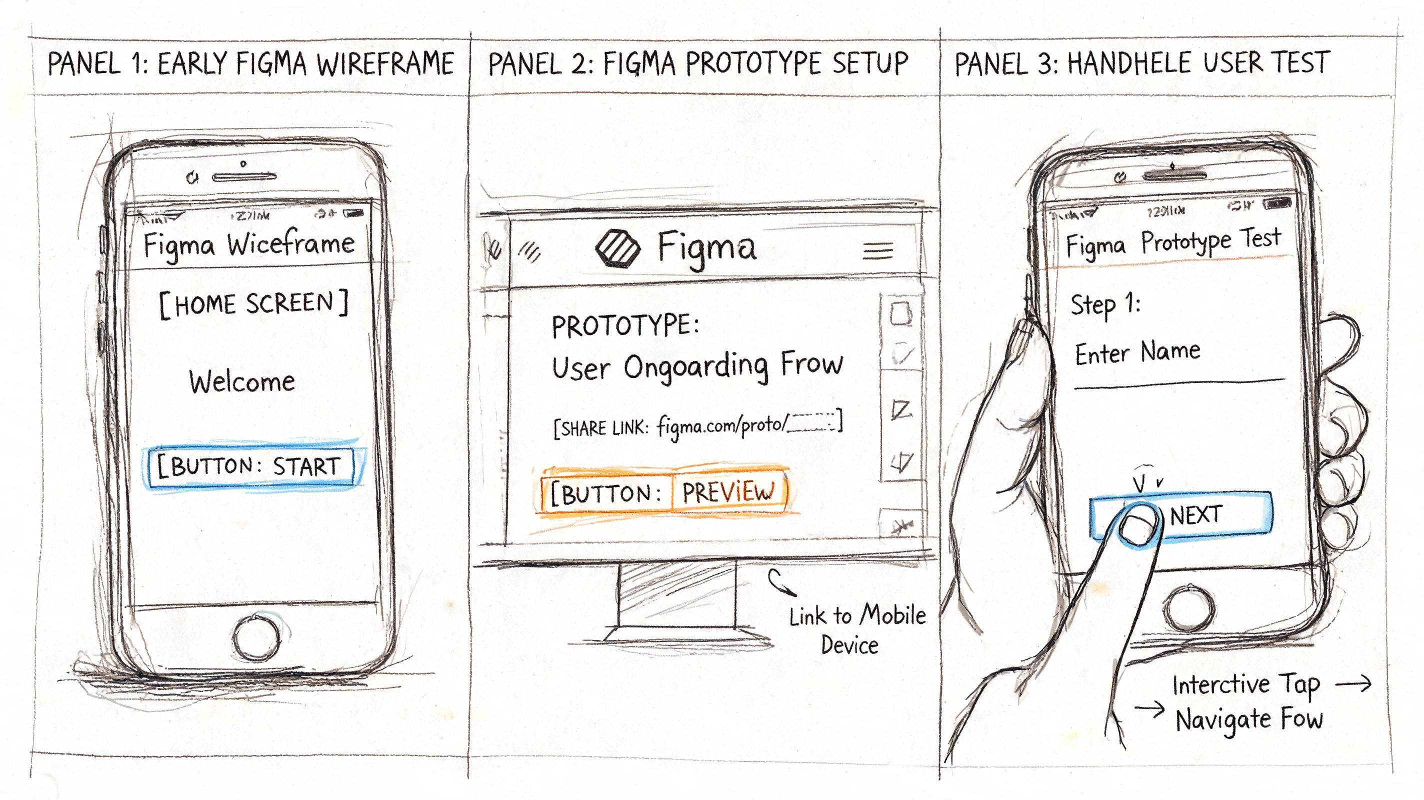A hand-drawn illustration showing three panels of a user interface design process from wireframe to mobile testing.