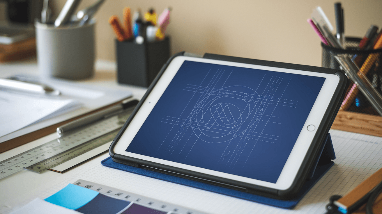 Tablet with a logo blueprint image