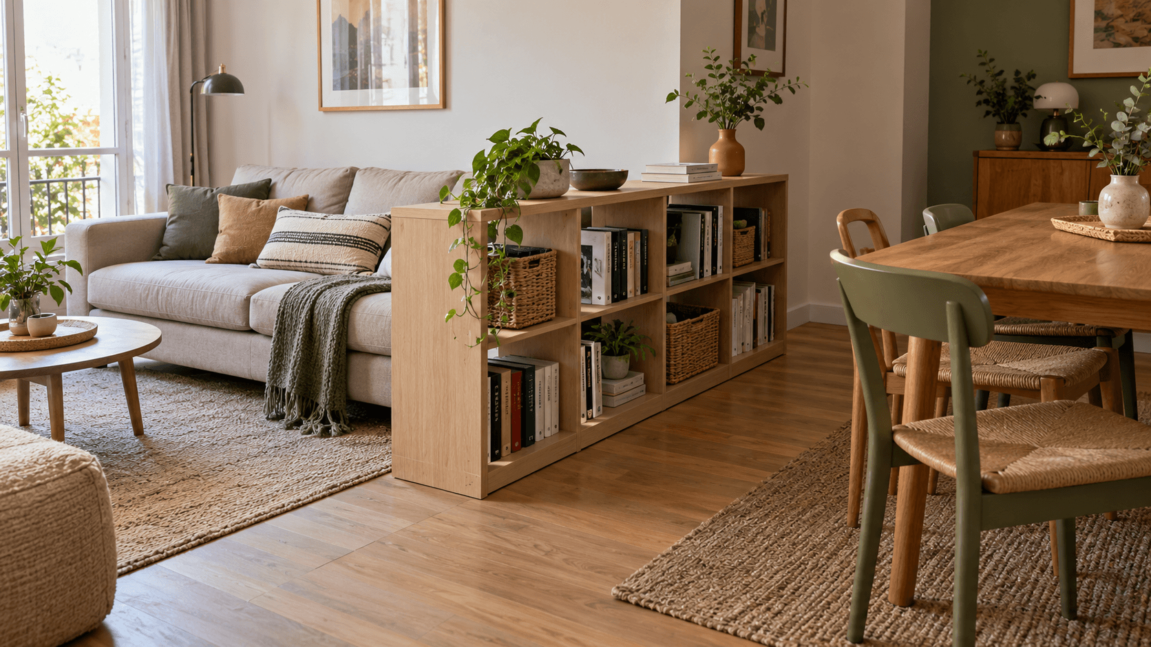 Une bibliothèque basse ajourée sépare le canapé de la table à manger et accueille des livres et des paniers.